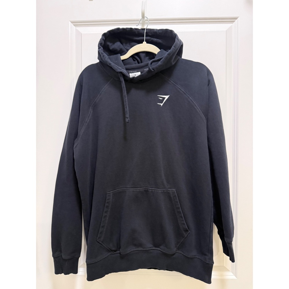 Gymshark Mens Medium Black Raglan Pullover Hoodie Fleece Lined Athletic Gym
